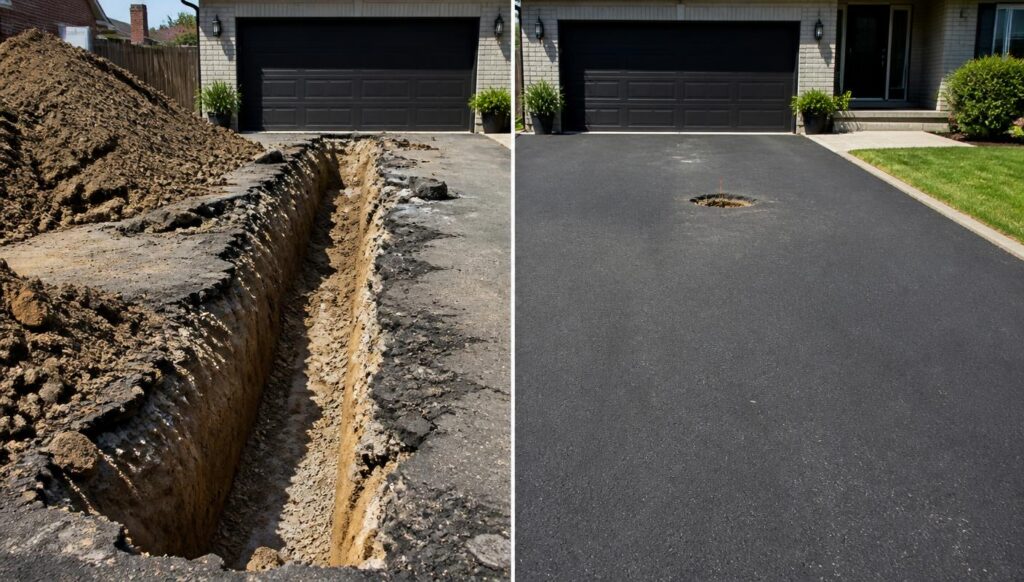 Side-by-side comparison of a traditional open trench across a yard versus trenchless directional drilling